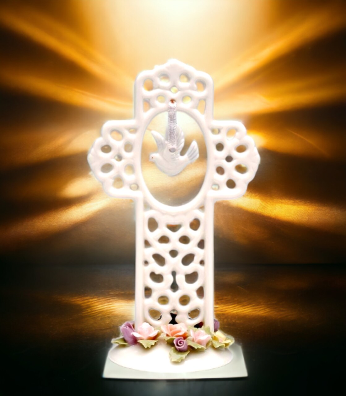 Ceramic Cross with Dove Bird and Flowers Figurine, Christmas Décor, Religious Décor, Religious Gift, Church Décor, Baptism Gift
